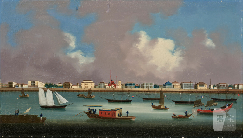 約1865年 上海外灘 布面油畫  European ships and junks off the port of Shanghai - 图1
